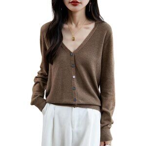 Women's Merino Wool Blend Cardigan V-Neck Fall Winter Long Sleeve First-Line Rea